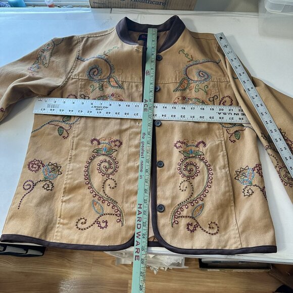 Womens Tan Embroidered Jacket Large 100% Cotton Denim & Co Pockets Button Up - Picture 5 of 8